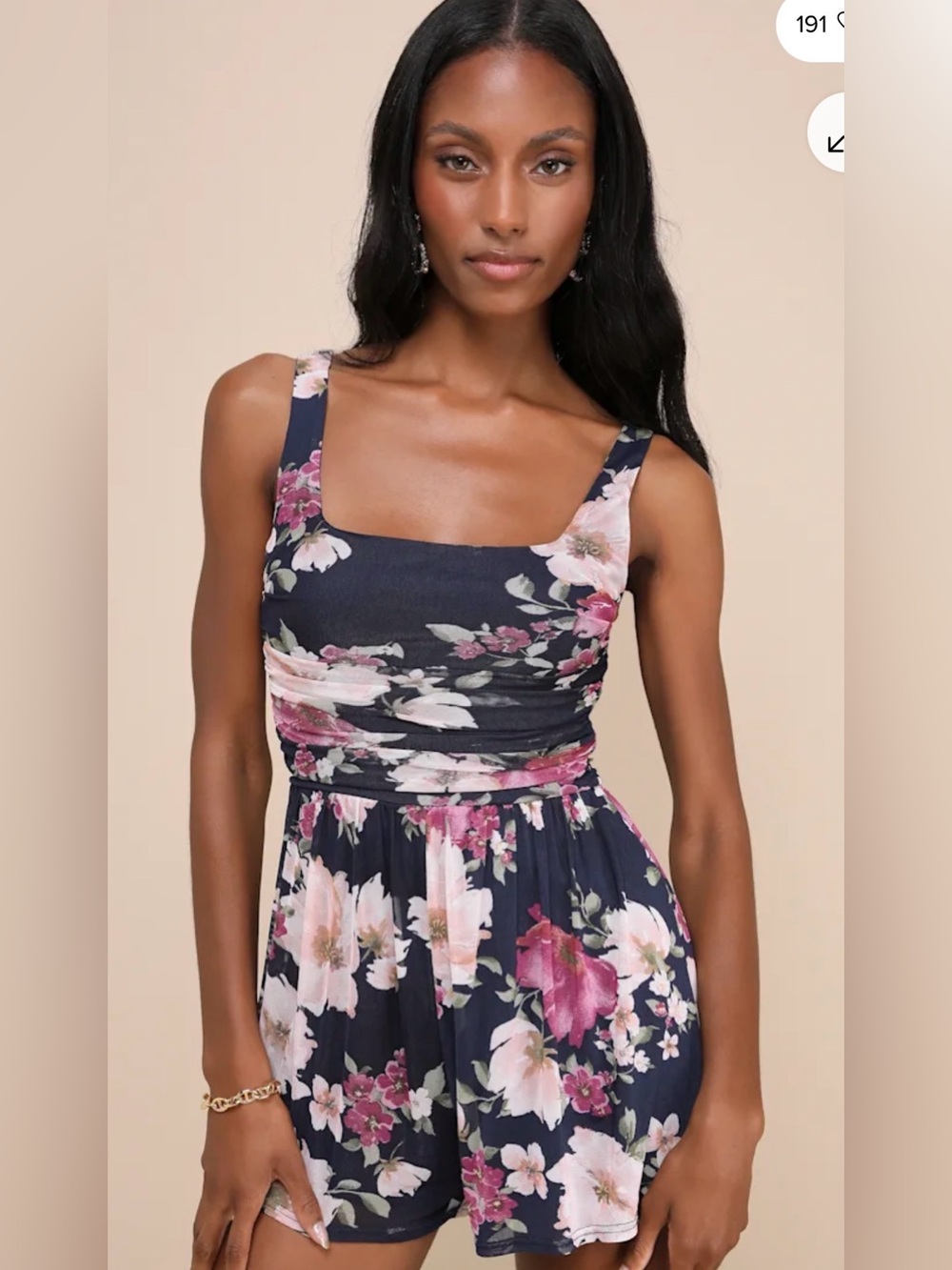 Lulus Navy Blue Floral Mesh Ruched Romper S Boho stretchy